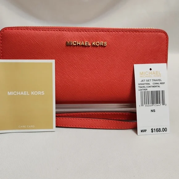 Michael Kors Jet Set Travel Continental Leather Coral Reef Wallet - Picture 7 of 10